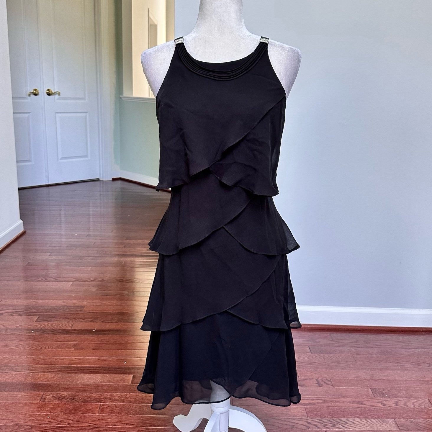 Sl Fashions Black Draped Layered Tiered Silver Accent Feminine Cocktail Dress